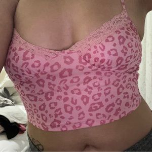 Cropped Lace Pink Leopard Spaghetti Strap Shirt.